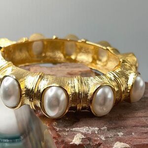 Gold, Crystal & Pearl Hinged Bangle Kenneth Jay Lane